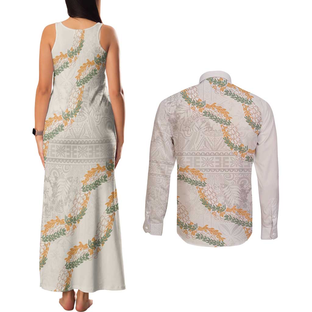 Aloha Pakalana and Puakenikeni Lei Couples Matching Tank Maxi Dress and Long Sleeve Button Shirt Beige Hawaiian Pattern
