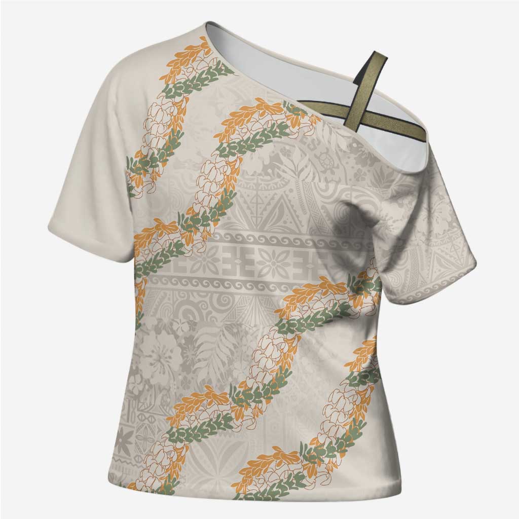 Aloha Pakalana and Puakenikeni Lei Cross Shoulder Shirt Beige Hawaiian Pattern - Polynesian Pride