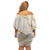 Aloha Pakalana and Puakenikeni Lei Family Matching Off Shoulder Short Dress and Hawaiian Shirt Beige Hawaiian Pattern