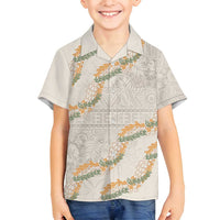 Aloha Pakalana and Puakenikeni Lei Family Matching Off Shoulder Short Dress and Hawaiian Shirt Beige Hawaiian Pattern