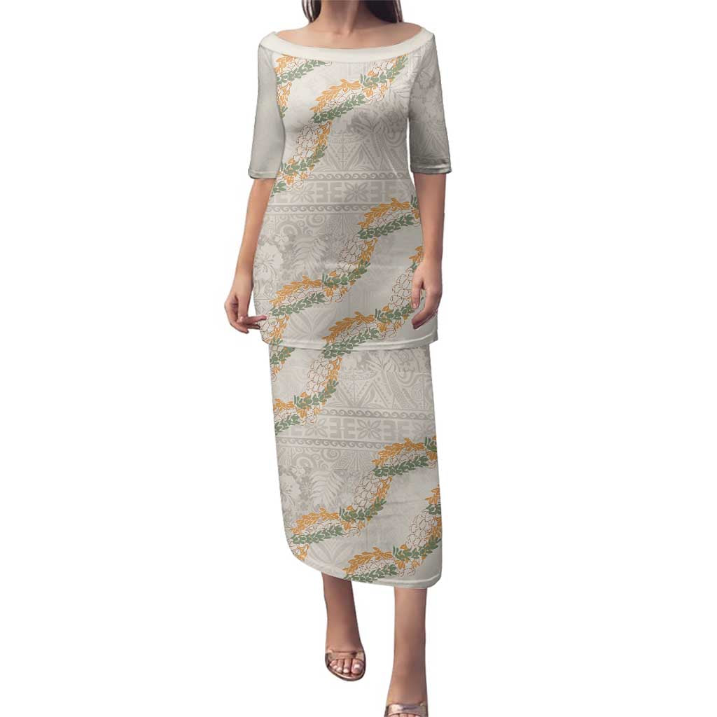 Aloha Pakalana and Puakenikeni Lei Family Matching Puletasi and Hawaiian Shirt Beige Hawaiian Pattern