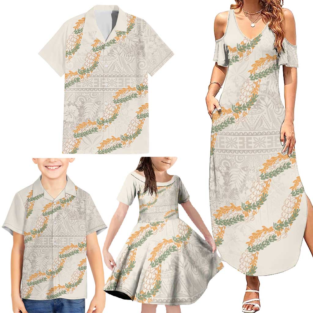 Aloha Pakalana and Puakenikeni Lei Family Matching Summer Maxi Dress and Hawaiian Shirt Beige Hawaiian Pattern