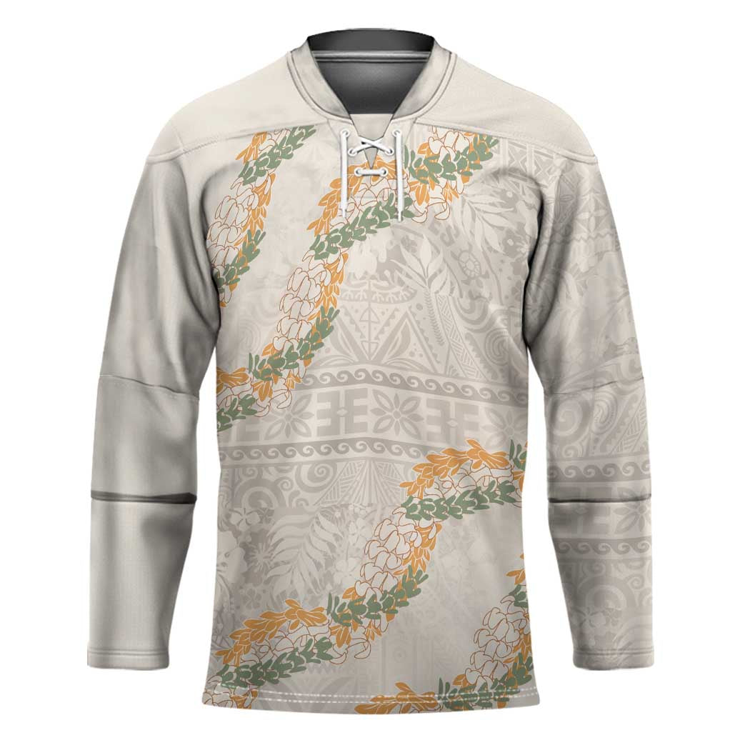 Aloha Pakalana and Puakenikeni Lei Hockey Jersey Beige Hawaiian Pattern - Polynesian Pride
