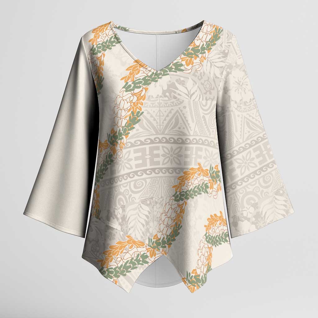 Aloha Pakalana and Puakenikeni Lei Kimono Sleeve Blouse Beige Hawaiian Pattern - Polynesian Pride