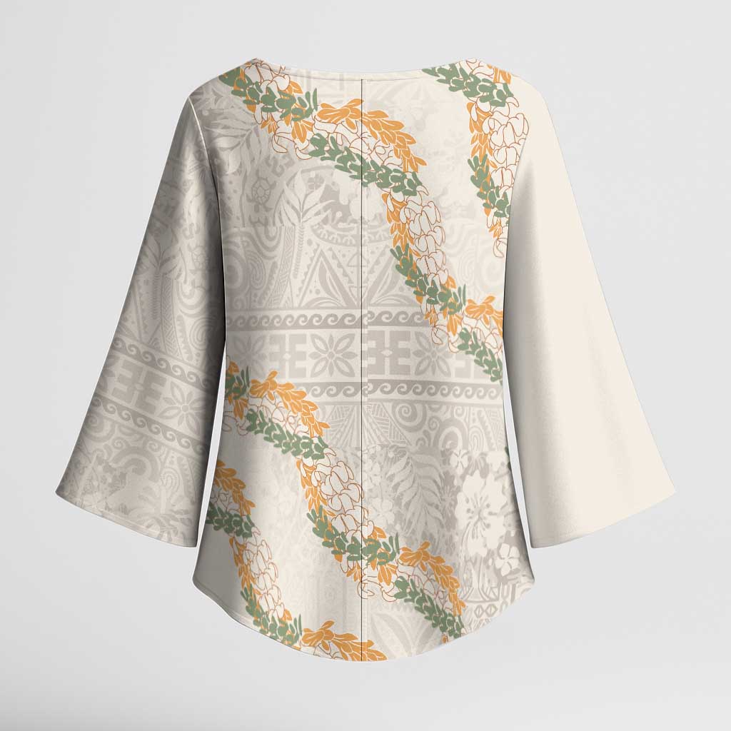 Aloha Pakalana and Puakenikeni Lei Kimono Sleeve Blouse Beige Hawaiian Pattern - Polynesian Pride