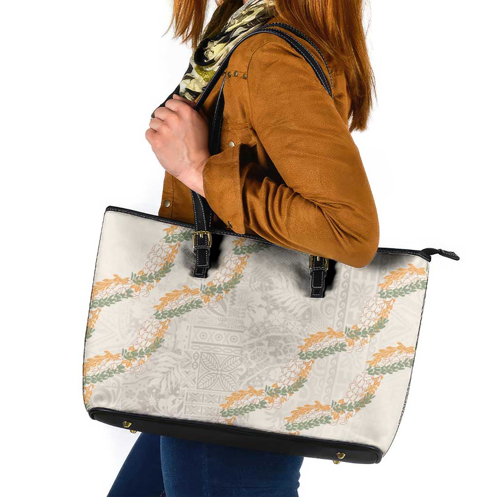 Aloha Pakalana and Puakenikeni Lei Leather Tote Bag Beige Hawaiian Pattern