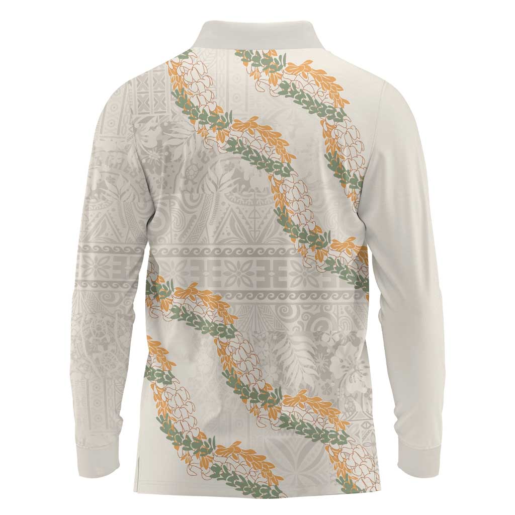 Aloha Pakalana and Puakenikeni Lei Long Sleeve Polo Shirt Beige Hawaiian Pattern