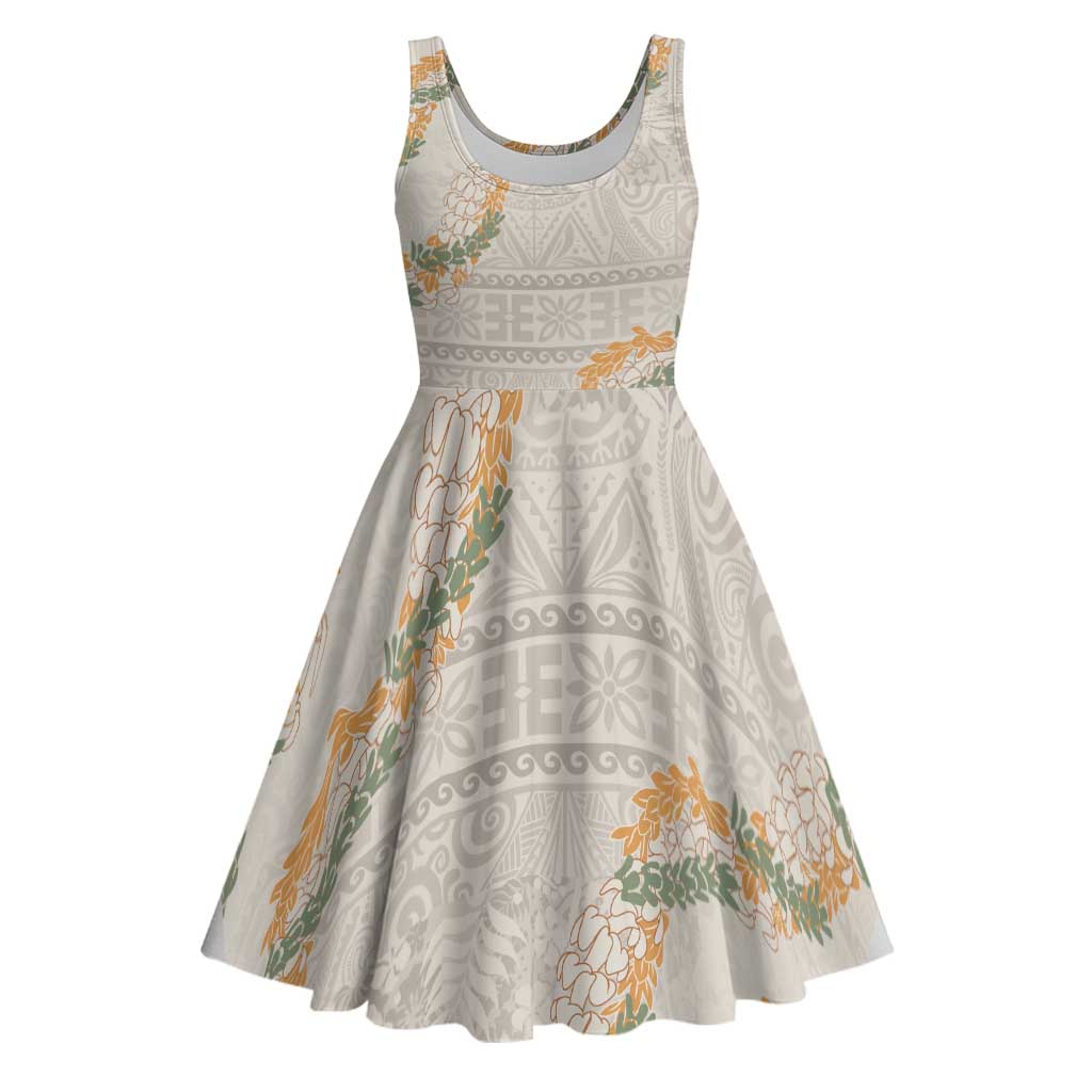 Aloha Pakalana and Puakenikeni Lei Midi Dress Beige Hawaiian Pattern - Polynesian Pride