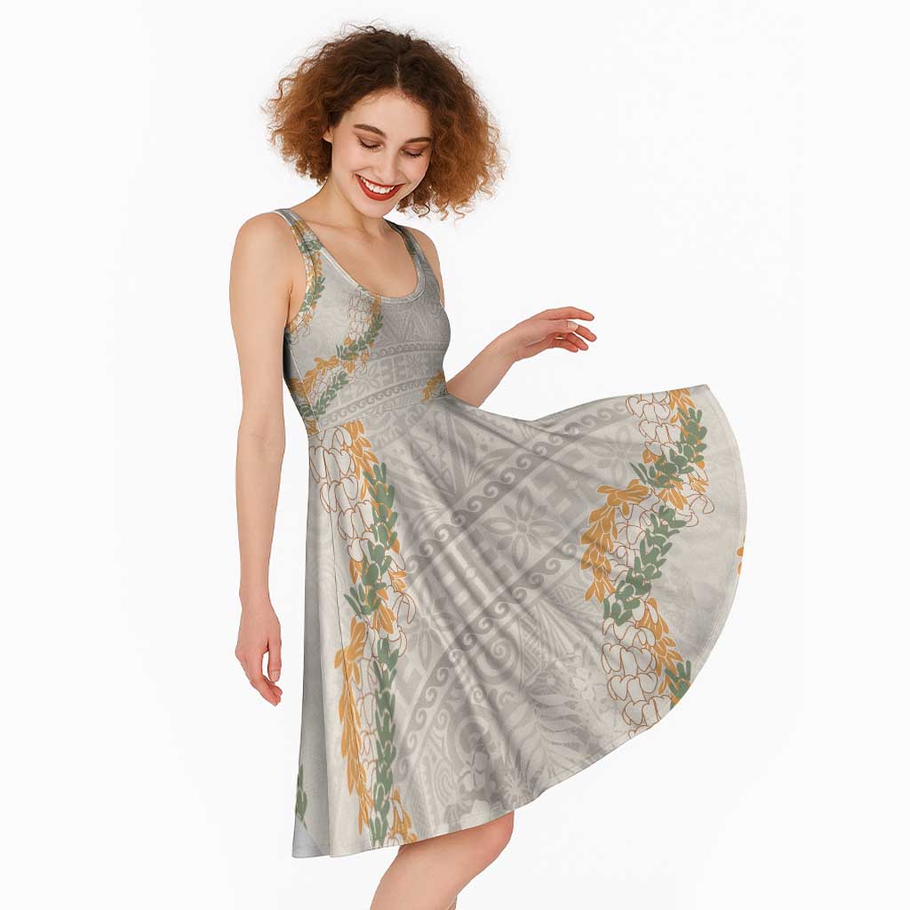 Aloha Pakalana and Puakenikeni Lei Midi Dress Beige Hawaiian Pattern - Polynesian Pride
