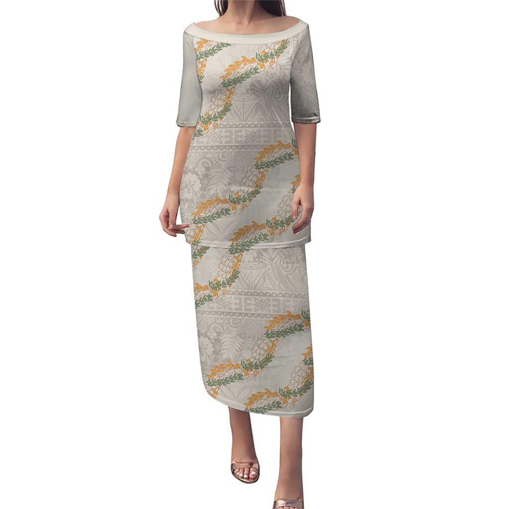 Aloha Pakalana and Puakenikeni Lei Puletasi Beige Hawaiian Pattern