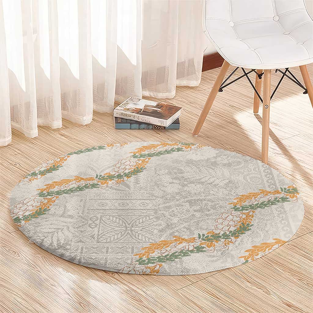 Aloha Pakalana and Puakenikeni Lei Round Carpet Beige Hawaiian Pattern