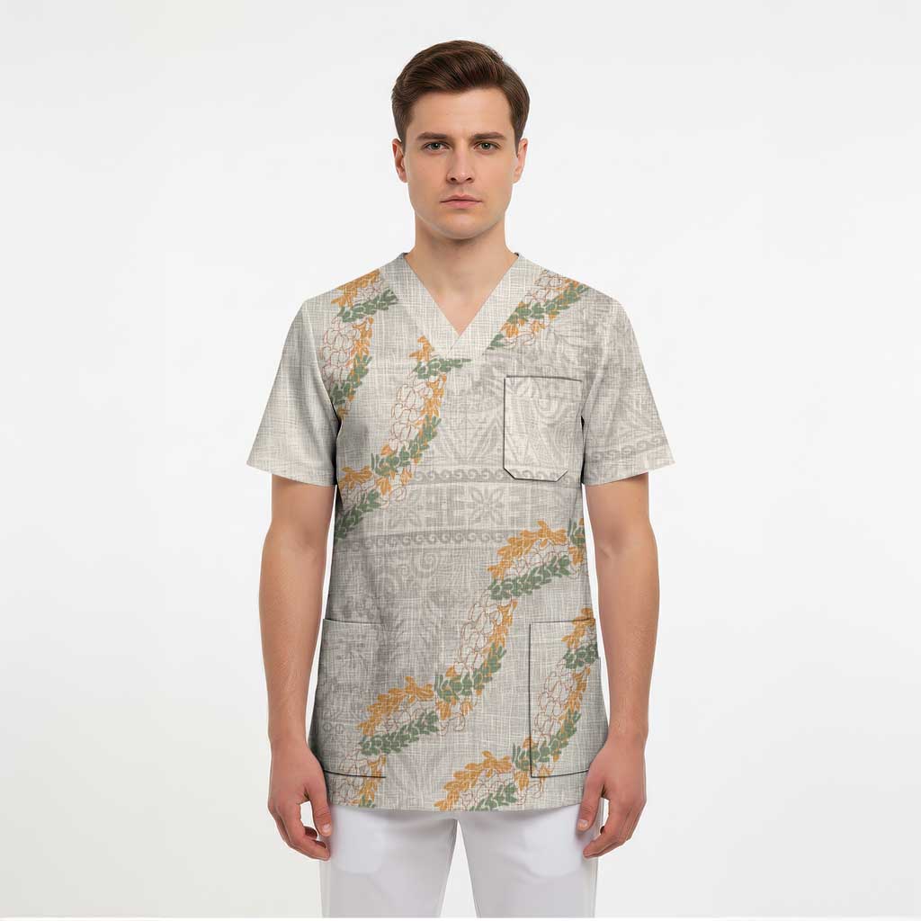 Aloha Pakalana and Puakenikeni Lei Scrub Top Beige Hawaiian Pattern - Polynesian Pride