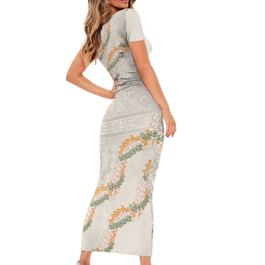 Aloha Pakalana and Puakenikeni Lei Short Sleeve Bodycon Dress Beige Hawaiian Pattern