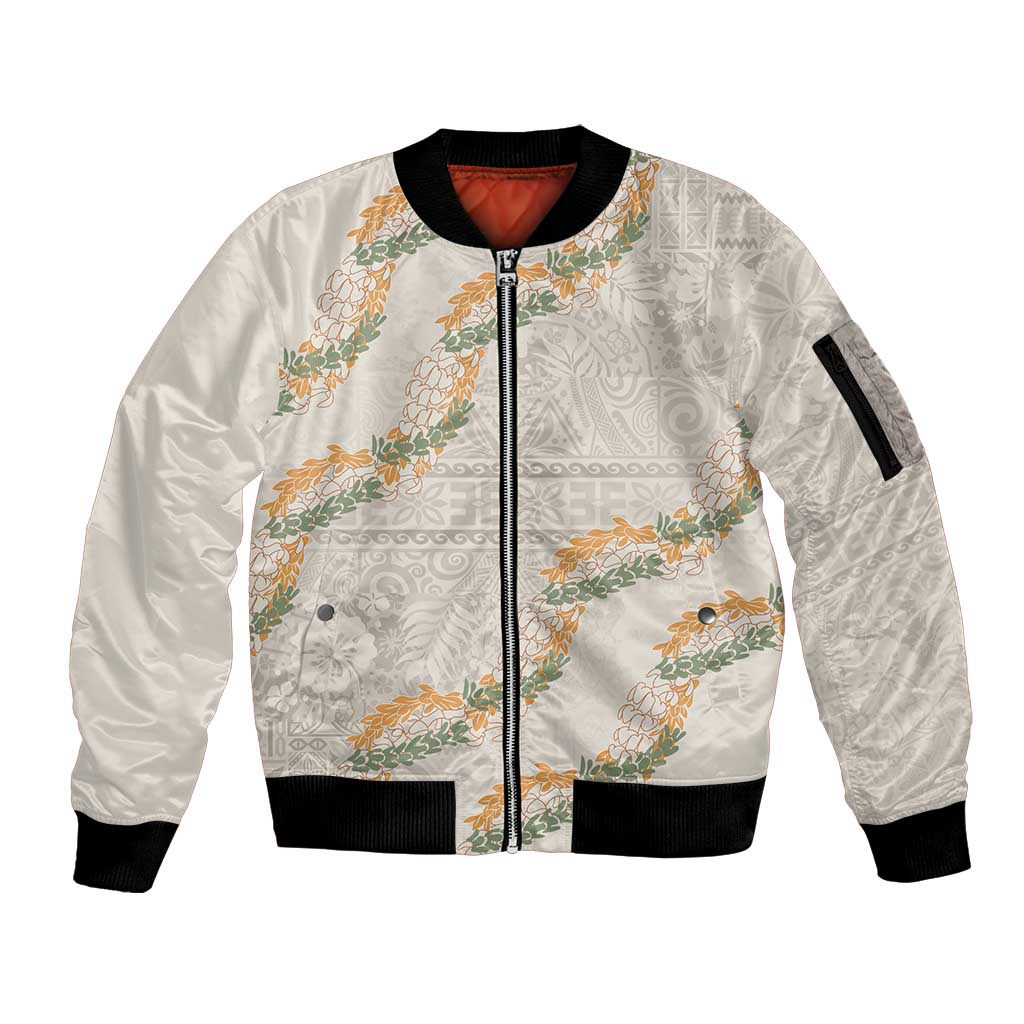 Aloha Pakalana and Puakenikeni Lei Sleeve Zip Bomber Jacket Beige Hawaiian Pattern LT9 Unisex Beige - Polynesian Pride