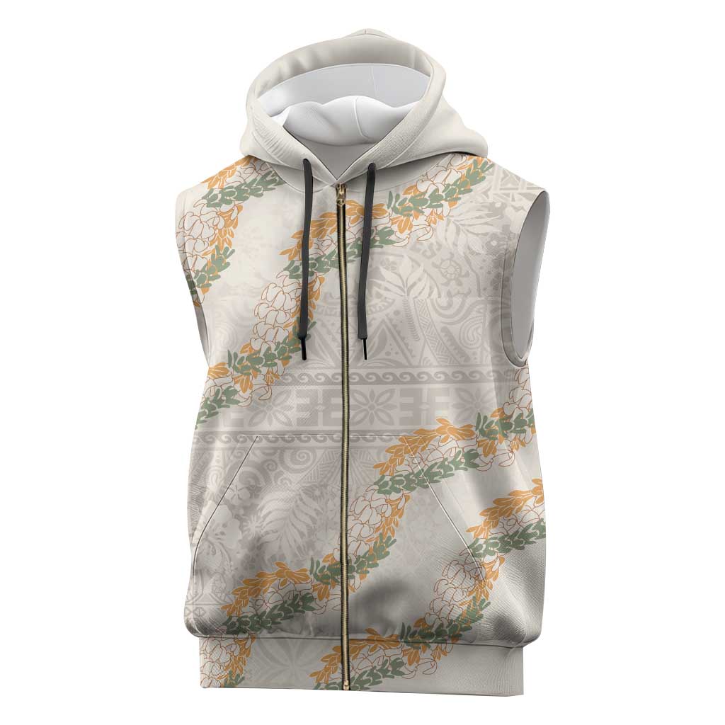 Aloha Pakalana and Puakenikeni Lei Sleeveless Zip Hoodie Beige Hawaiian Pattern - Polynesian Pride