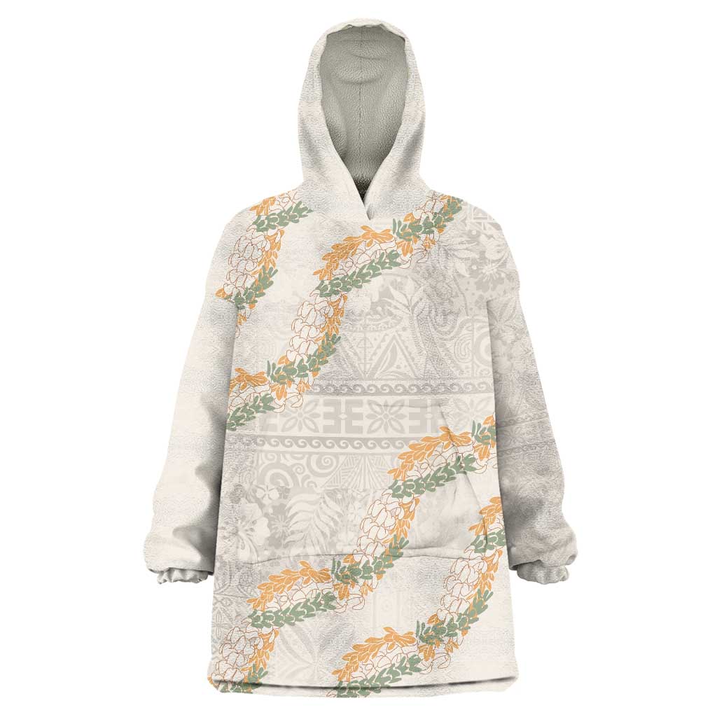 Aloha Pakalana and Puakenikeni Lei Wearable Blanket Hoodie Beige Hawaiian Pattern
