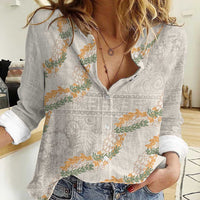 Aloha Pakalana and Puakenikeni Lei Women Casual Shirt Beige Hawaiian Pattern