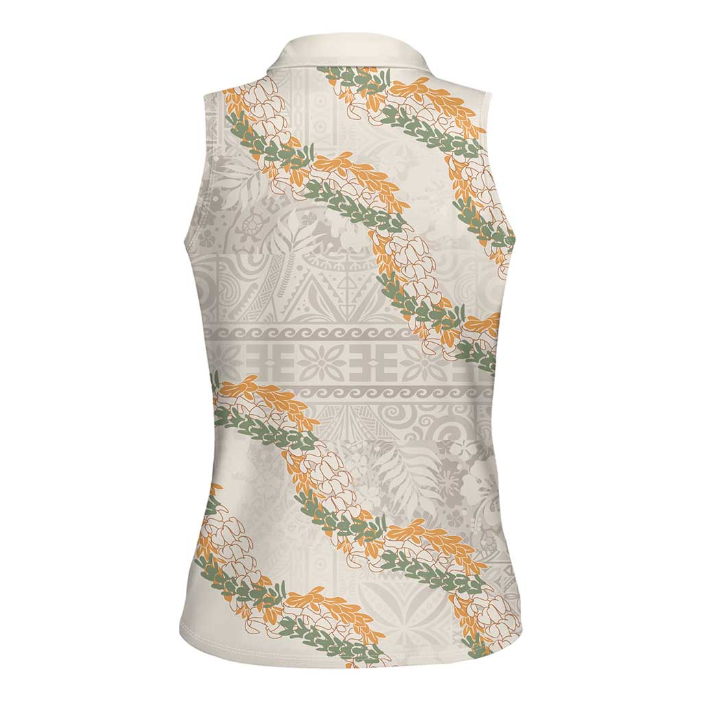 Aloha Pakalana and Puakenikeni Lei Women Sleeveless Polo Shirt Beige Hawaiian Pattern
