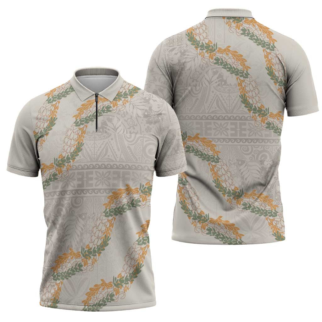 Aloha Pakalana and Puakenikeni Lei Zipper Polo Shirt Beige Hawaiian Pattern - Polynesian Pride