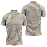 Aloha Pakalana and Puakenikeni Lei Zipper Polo Shirt Beige Hawaiian Pattern - Polynesian Pride