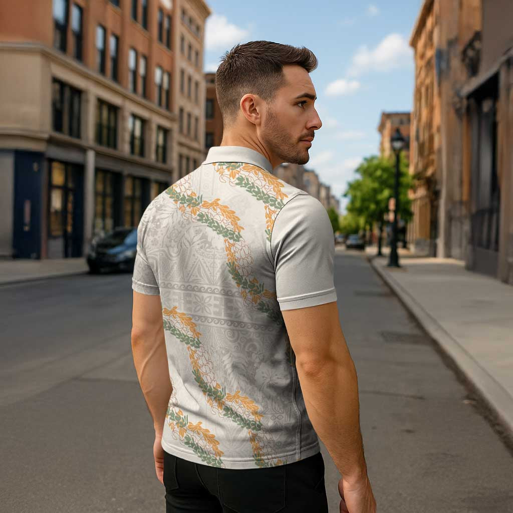 Aloha Pakalana and Puakenikeni Lei Zipper Polo Shirt Beige Hawaiian Pattern - Polynesian Pride
