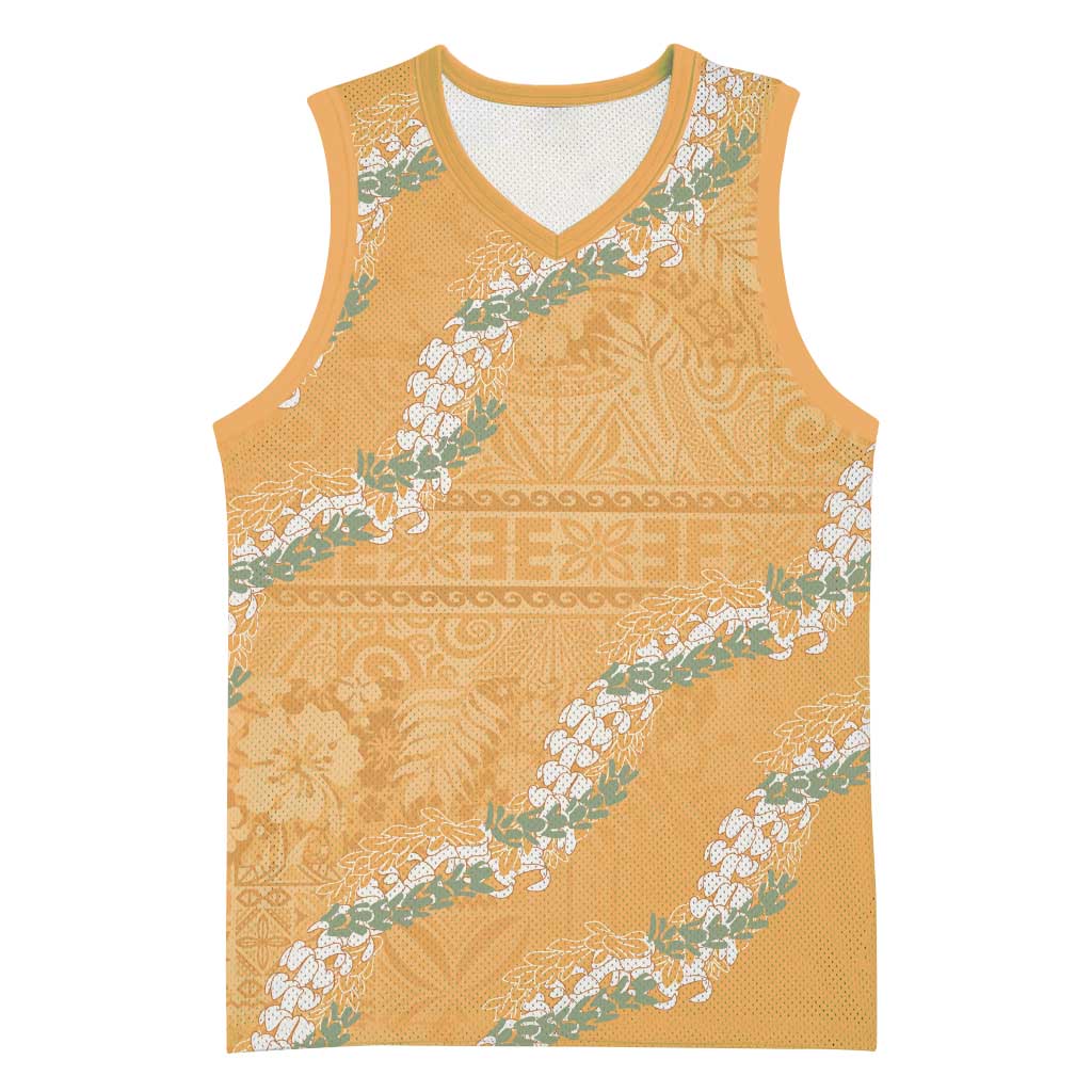 Aloha Pakalana and Puakenikeni Lei Basketball Jersey Gold Hawaiian Pattern - Polynesian Pride