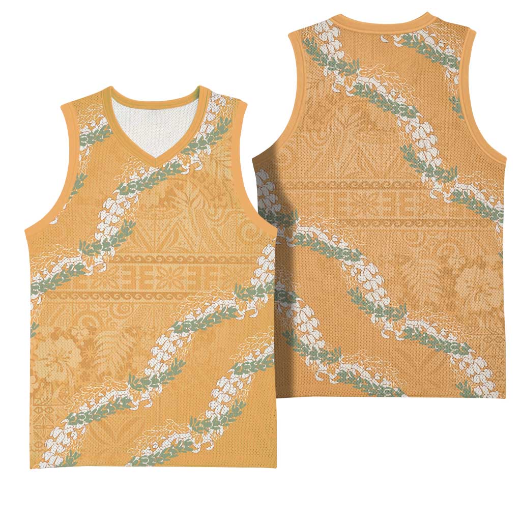 Aloha Pakalana and Puakenikeni Lei Basketball Jersey Gold Hawaiian Pattern - Polynesian Pride