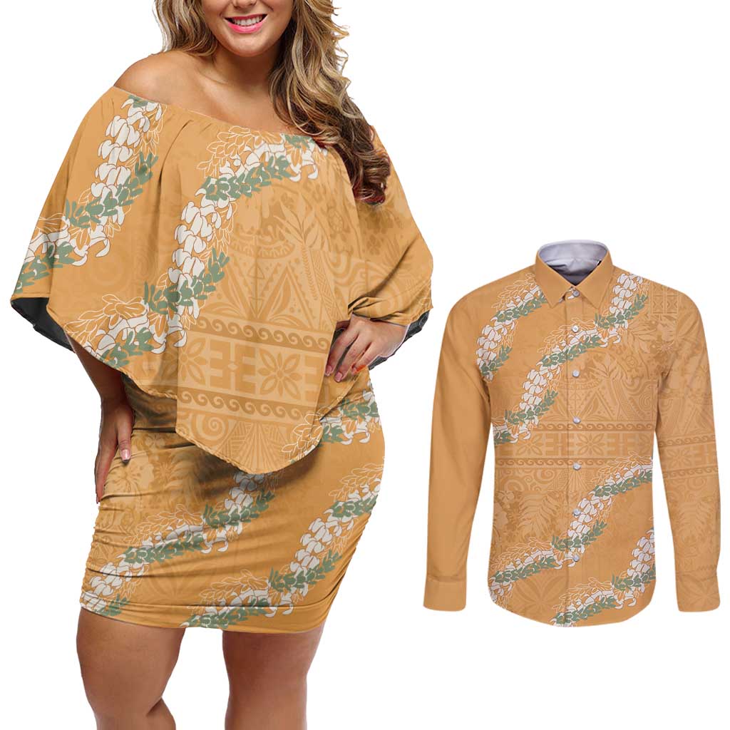 Aloha Pakalana and Puakenikeni Lei Couples Matching Off Shoulder Short Dress and Long Sleeve Button Shirt Gold Hawaiian Pattern