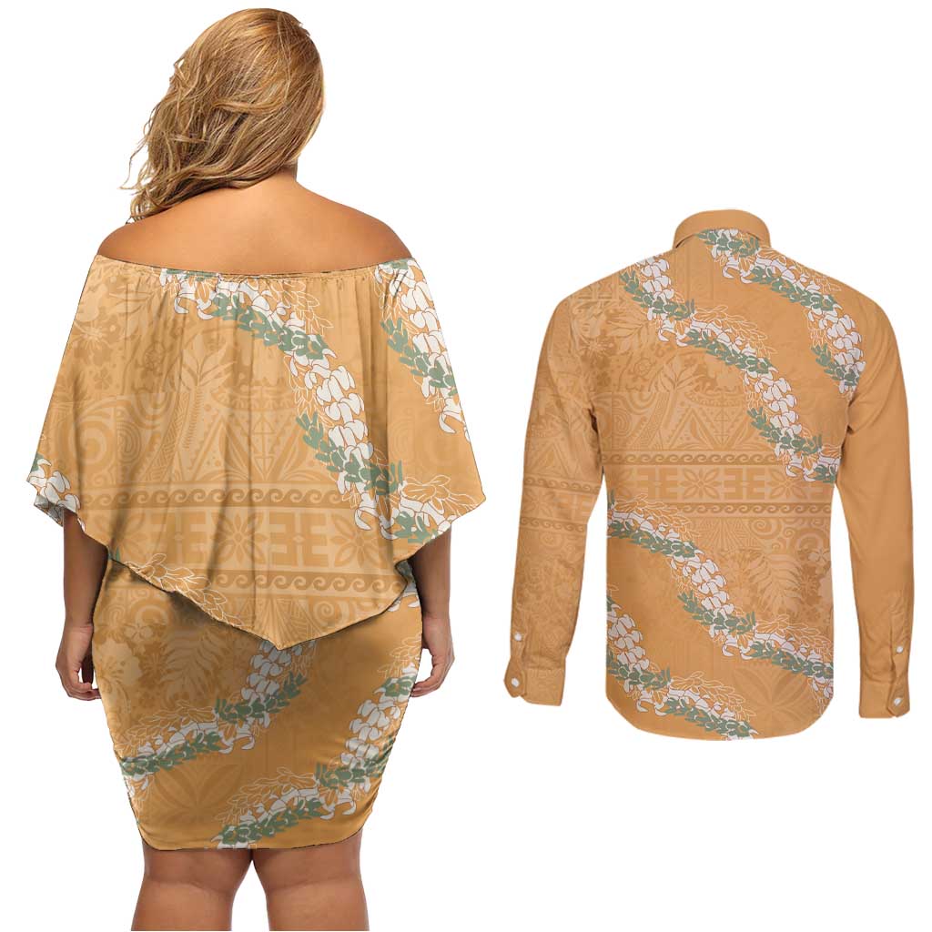 Aloha Pakalana and Puakenikeni Lei Couples Matching Off Shoulder Short Dress and Long Sleeve Button Shirt Gold Hawaiian Pattern