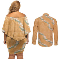 Aloha Pakalana and Puakenikeni Lei Couples Matching Off Shoulder Short Dress and Long Sleeve Button Shirt Gold Hawaiian Pattern