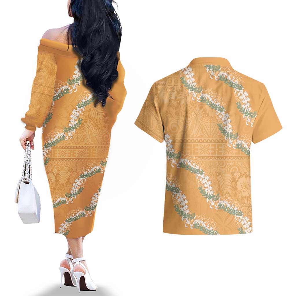 Aloha Pakalana and Puakenikeni Lei Couples Matching Off The Shoulder Long Sleeve Dress and Hawaiian Shirt Gold Hawaiian Pattern