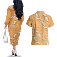 Aloha Pakalana and Puakenikeni Lei Couples Matching Off The Shoulder Long Sleeve Dress and Hawaiian Shirt Gold Hawaiian Pattern
