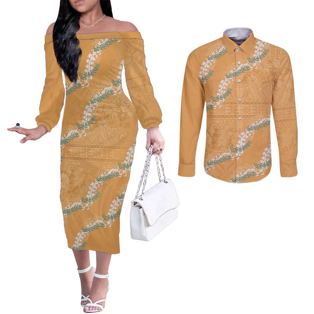 Aloha Pakalana and Puakenikeni Lei Couples Matching Off The Shoulder Long Sleeve Dress and Long Sleeve Button Shirt Gold Hawaiian Pattern LT9 Gold - Polynesian Pride