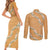 Aloha Pakalana and Puakenikeni Lei Couples Matching Short Sleeve Bodycon Dress and Long Sleeve Button Shirt Gold Hawaiian Pattern