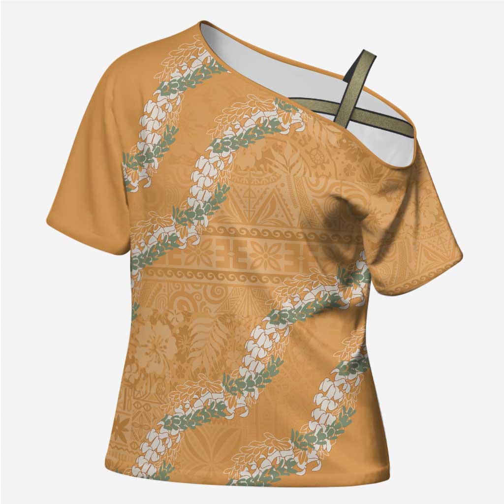 Aloha Pakalana and Puakenikeni Lei Cross Shoulder Shirt Gold Hawaiian Pattern - Polynesian Pride