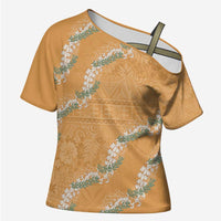 Aloha Pakalana and Puakenikeni Lei Cross Shoulder Shirt Gold Hawaiian Pattern - Polynesian Pride