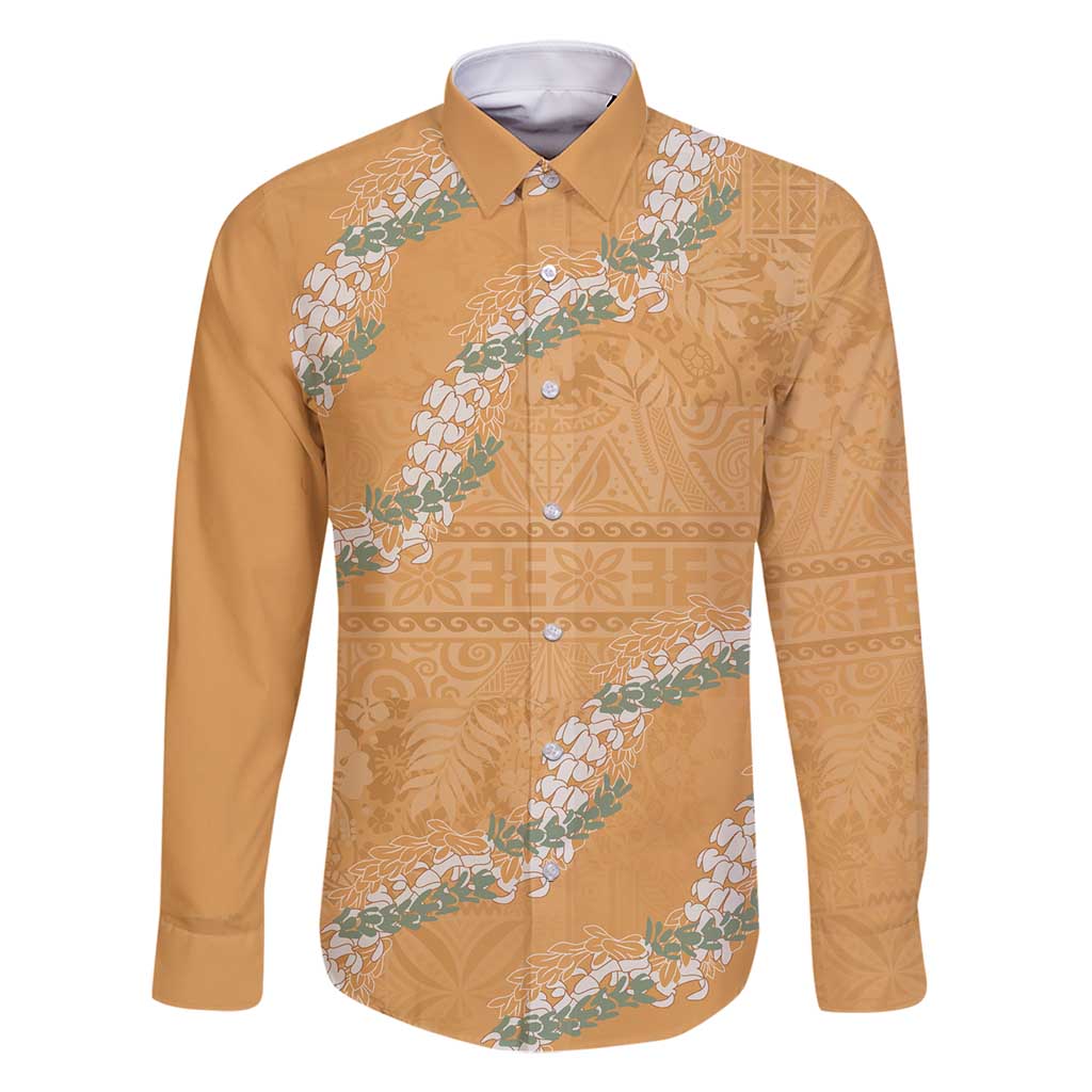 Aloha Pakalana and Puakenikeni Lei Family Matching Long Sleeve Bodycon Dress and Hawaiian Shirt Gold Hawaiian Pattern LT9 Dad's Shirt - Long Sleeve Gold - Polynesian Pride
