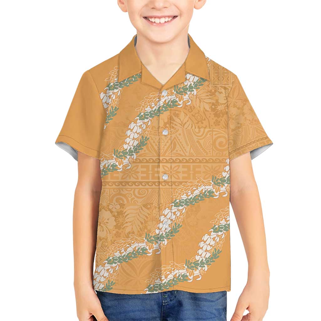 Aloha Pakalana and Puakenikeni Lei Family Matching Long Sleeve Bodycon Dress and Hawaiian Shirt Gold Hawaiian Pattern LT9 Son's Shirt Gold - Polynesian Pride