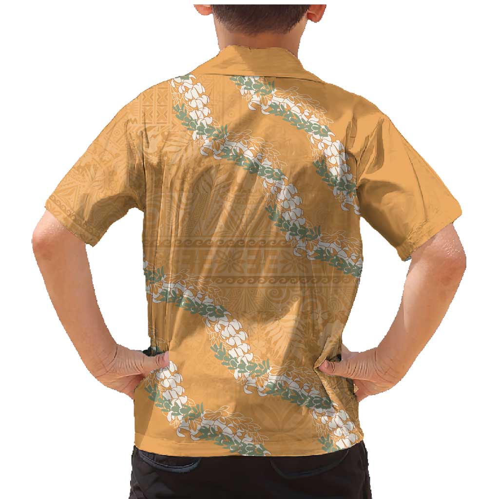 Aloha Pakalana and Puakenikeni Lei Family Matching Mermaid Dress and Hawaiian Shirt Gold Hawaiian Pattern