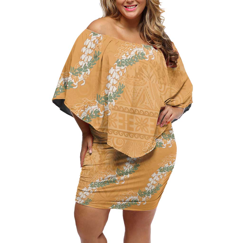 Aloha Pakalana and Puakenikeni Lei Family Matching Off Shoulder Short Dress and Hawaiian Shirt Gold Hawaiian Pattern