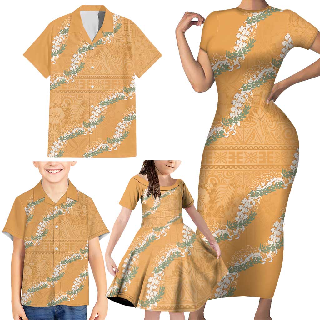 Aloha Pakalana and Puakenikeni Lei Family Matching Short Sleeve Bodycon Dress and Hawaiian Shirt Gold Hawaiian Pattern