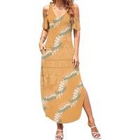 Aloha Pakalana and Puakenikeni Lei Family Matching Summer Maxi Dress and Hawaiian Shirt Gold Hawaiian Pattern