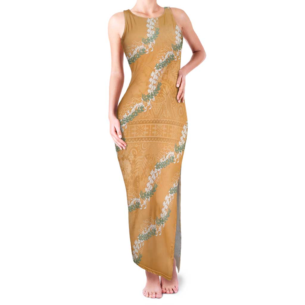 Aloha Pakalana and Puakenikeni Lei Family Matching Tank Maxi Dress and Hawaiian Shirt Gold Hawaiian Pattern