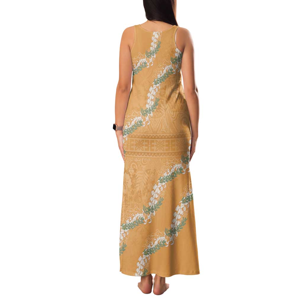 Aloha Pakalana and Puakenikeni Lei Family Matching Tank Maxi Dress and Hawaiian Shirt Gold Hawaiian Pattern