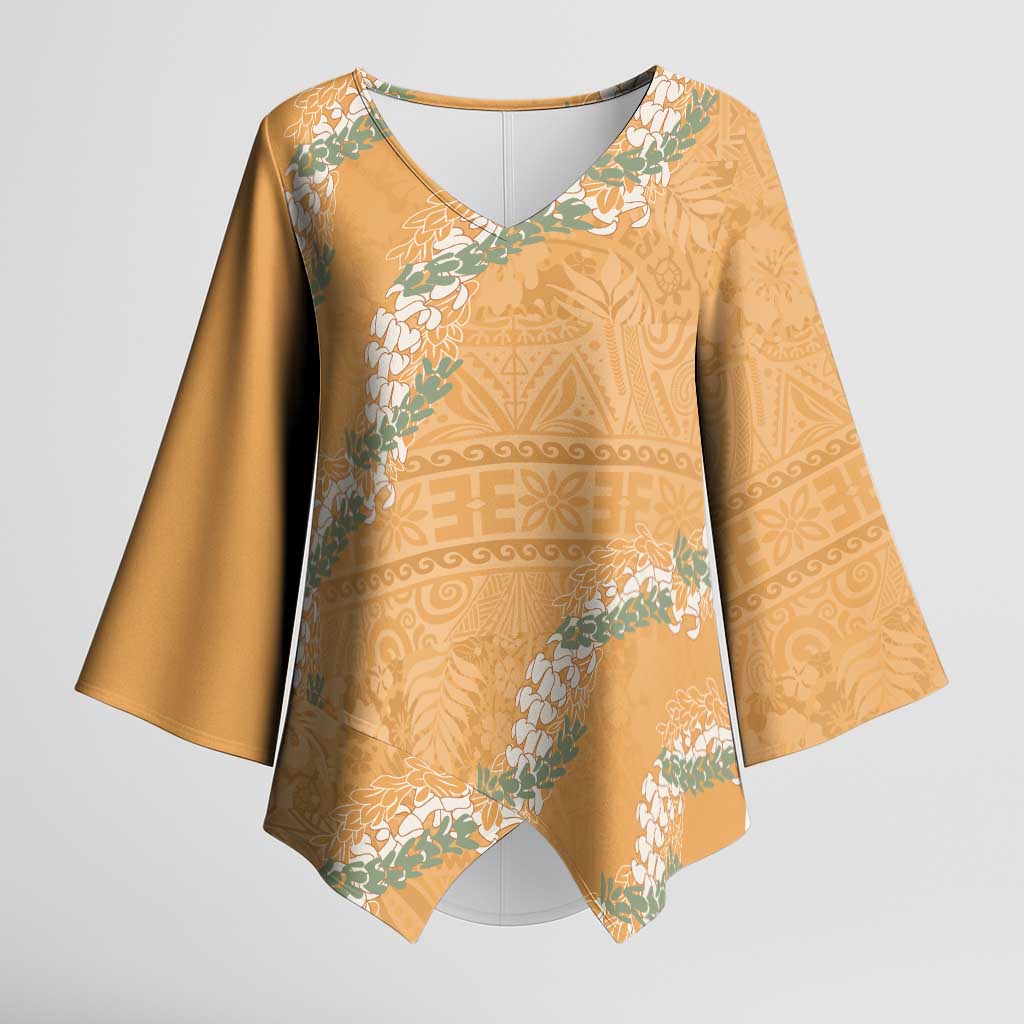 Aloha Pakalana and Puakenikeni Lei Kimono Sleeve Blouse Gold Hawaiian Pattern - Polynesian Pride