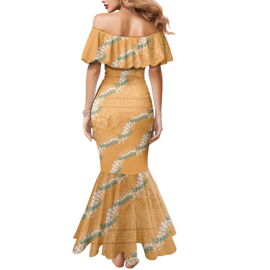 Aloha Pakalana and Puakenikeni Lei Mermaid Dress Gold Hawaiian Pattern LT9 - Polynesian Pride