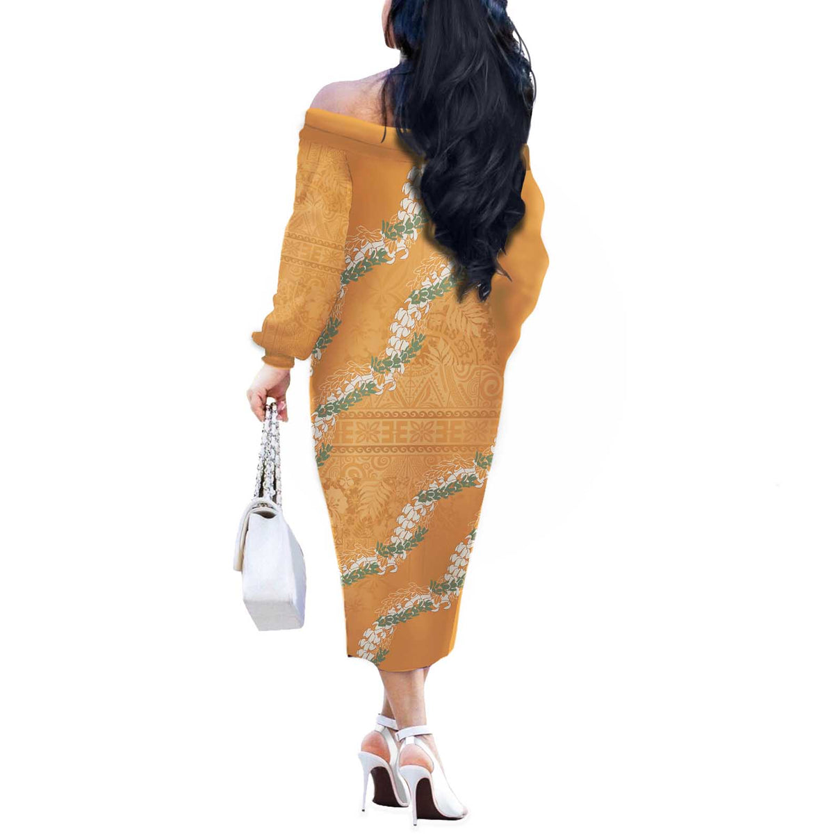 Aloha Pakalana and Puakenikeni Lei Off The Shoulder Long Sleeve Dress Gold Hawaiian Pattern