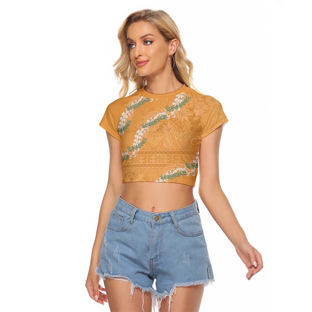 Aloha Pakalana and Puakenikeni Lei Raglan Cropped T Shirt Gold Hawaiian Pattern LT9 Female Gold - Polynesian Pride