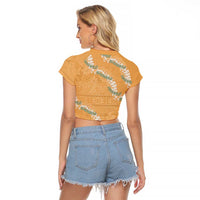 Aloha Pakalana and Puakenikeni Lei Raglan Cropped T Shirt Gold Hawaiian Pattern LT9 - Polynesian Pride