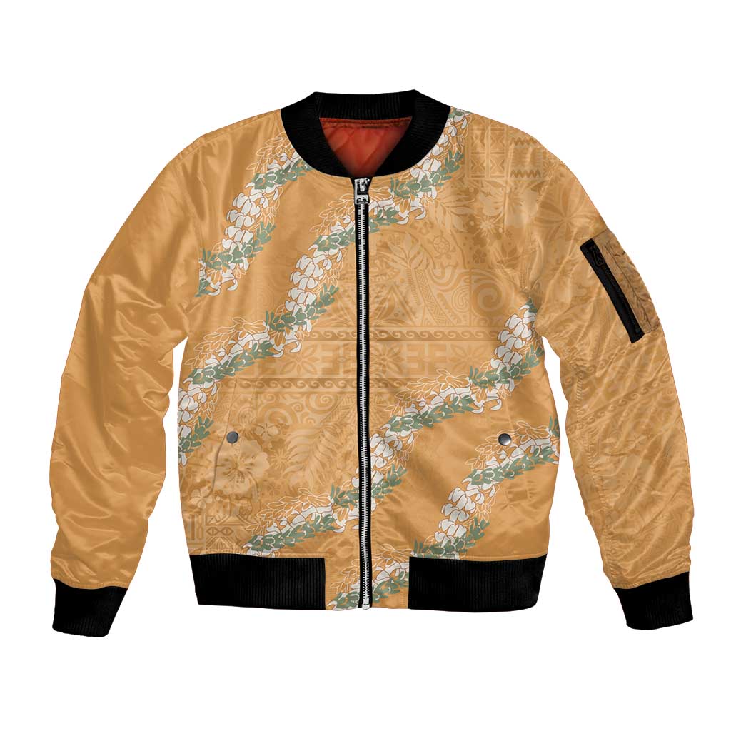 Aloha Pakalana and Puakenikeni Lei Sleeve Zip Bomber Jacket Gold Hawaiian Pattern LT9 Unisex Gold - Polynesian Pride